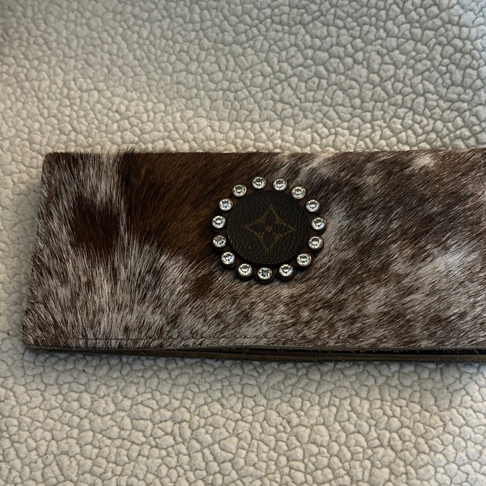 Brown and White Fur Wallet with Crystal Accents